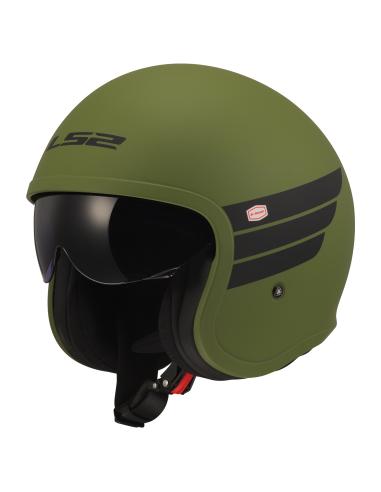 Casco Jet LS2 Spitfire II Retro verde militare | Visiera Solare e KPA | ECE 22.06