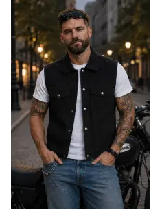 Acquista Gilet Motociclista in Tessuto Jeans Nero con Colletto By Icc a Prezzo Scontato 2
