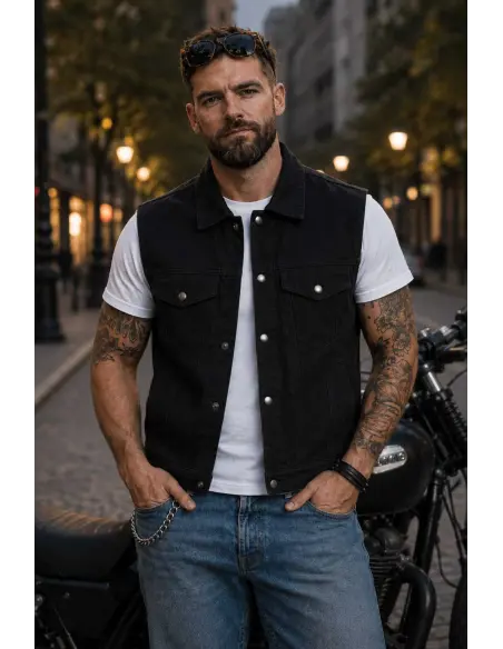 BLACK DENIM MOTORCYCLE VEST WITH COLLAR BY ICC