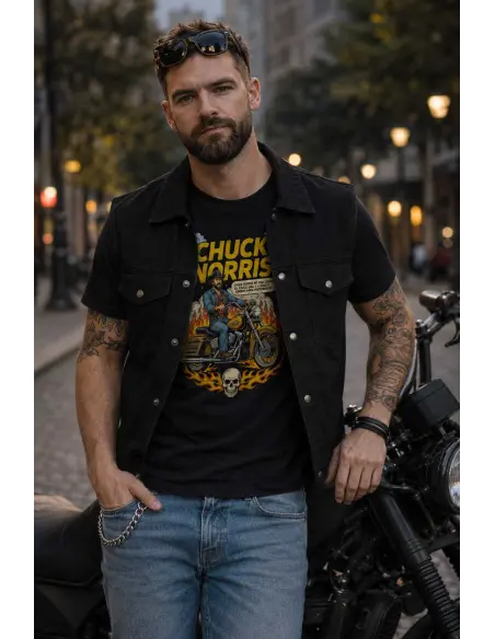 GILET DE MOTARD EN JEAN NOIR AVEC COL BY ICC