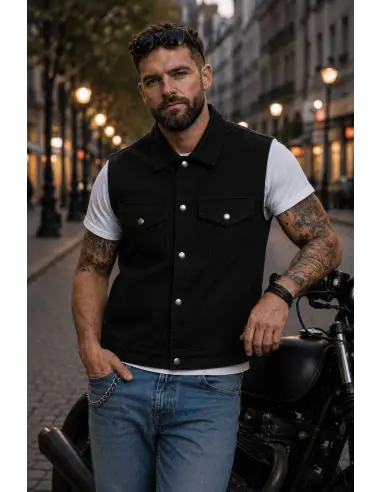 BLACK DENIM MOTORCYCLE VEST WITH COLLAR BY ICC