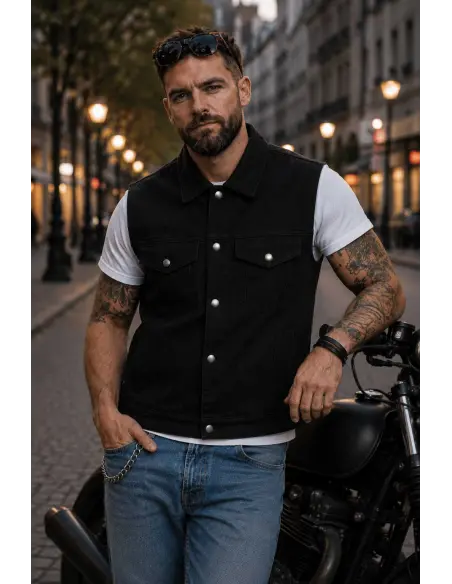 GILET DE MOTARD EN JEAN NOIR AVEC COL BY ICC