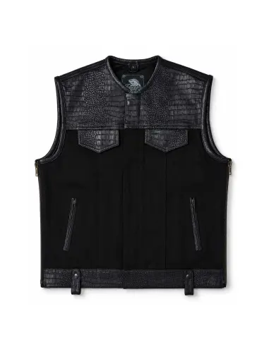 Black Denim Biker Vest and Croc Leather | Iguana Custom