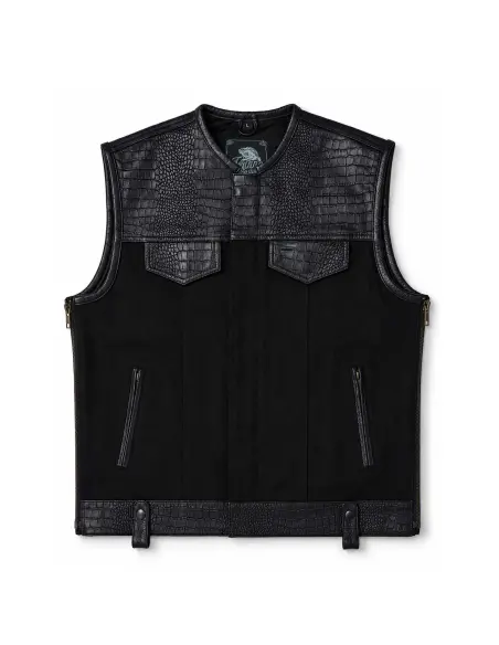Black Denim Biker Vest and Croc Leather | Iguana Custom