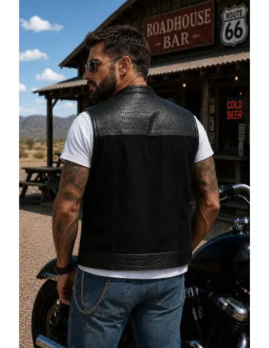 Black Denim Biker Vest and Croc Leather | Iguana Custom