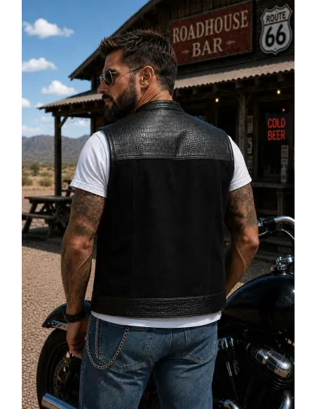 Gilet Motard Denim Noir et Cuir Croco | Iguana Custom