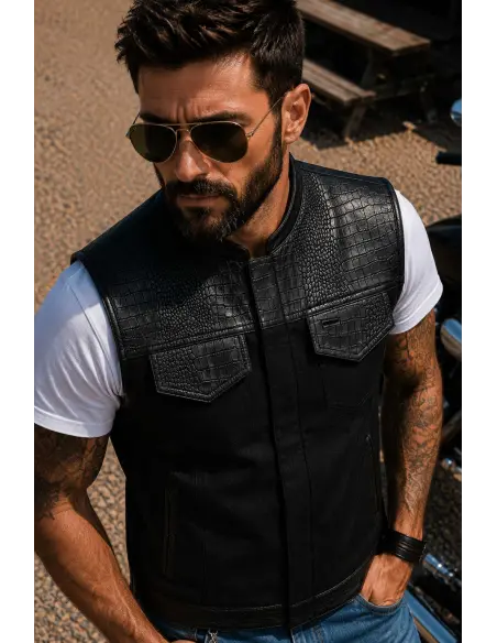Gilet da Motociclista in Denim Nero e Pelle Croc | Iguana Custom
