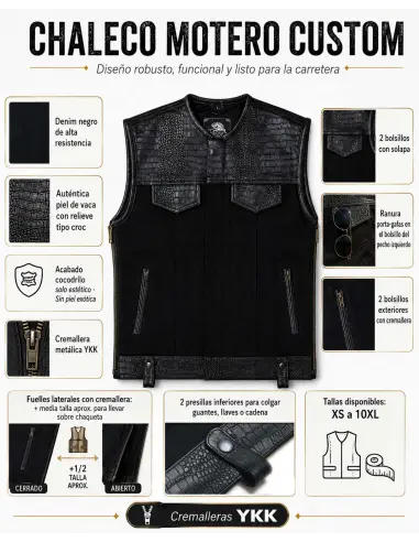 Gilet da Motociclista in Denim Nero e Pelle Croc | Iguana Custom