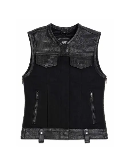 Gilet da Motociclista Donna Denim Nero e Pelle Croc | Iguana Custom