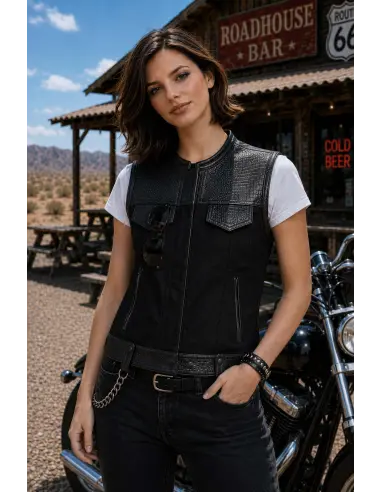Gilet da Motociclista Donna Denim Nero e Pelle Croc | Iguana Custom