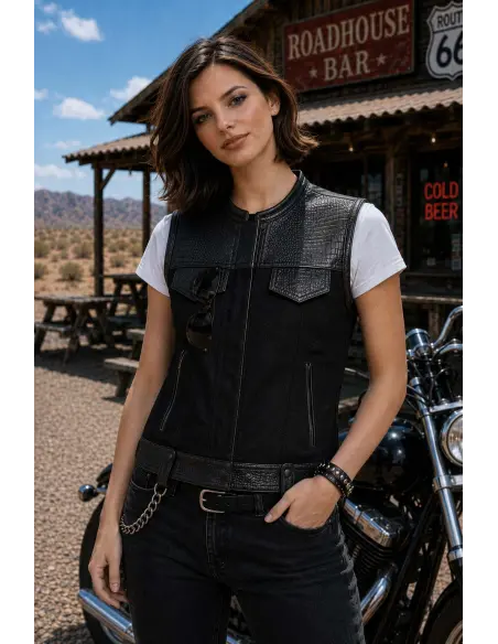 Women's Biker Vest Black Denim and Croc Leather | Iguana Custom