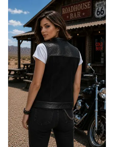 Women's Biker Vest Black Denim and Croc Leather | Iguana Custom