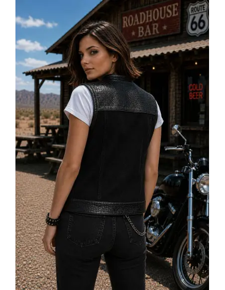 Gilet da Motociclista Donna Denim Nero e Pelle Croc | Iguana Custom