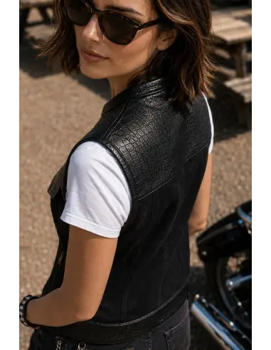 Women's Biker Vest Black Denim and Croc Leather | Iguana Custom