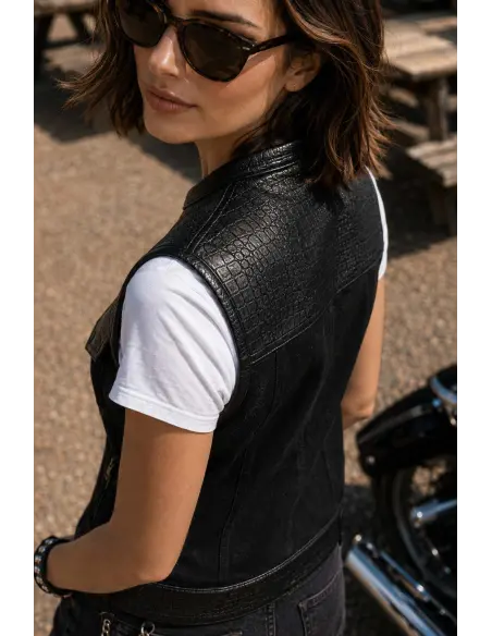 Women's Biker Vest Black Denim and Croc Leather | Iguana Custom