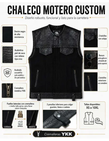 Gilet da Motociclista Donna Denim Nero e Pelle Croc | Iguana Custom