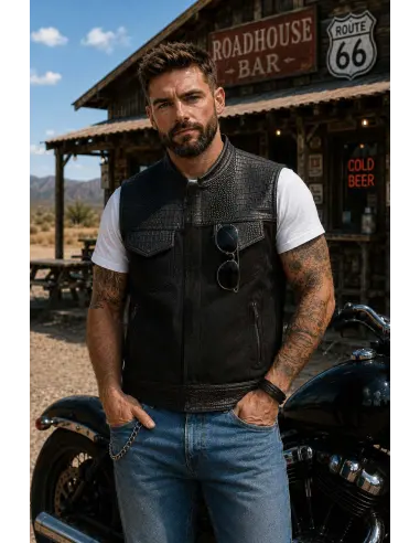 Gilet da Motociclista in Denim Nero e Pelle Croc | Iguana Custom