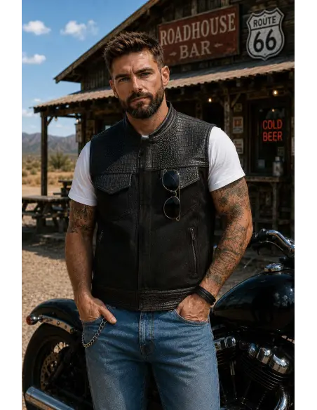 Black Denim Biker Vest and Croc Leather | Iguana Custom