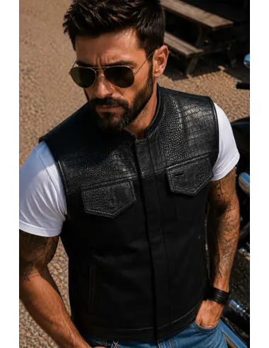Black Denim Biker Vest and Croc Leather | Iguana Custom