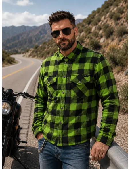 Acquista Camicia da Motociclista Alta Visibilità Verde Lime Certificata AA con Kevlar | Iguana Custom