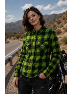 Acquista Camicia Femminile ad Alta Visibilità Verde Lime per Moto Certificata AA con Kevlar | Iguana Custom