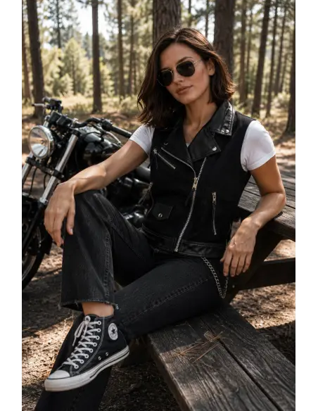 JEANS CRUZADOS DAS MULHERES E COLETE DE COURO
