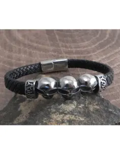 Pulsera Amigaz Cuero 3 Calaveras 8 Pulgadas