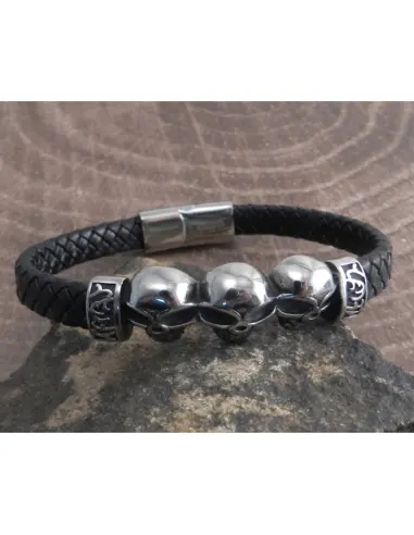Bracelet Amigaz Cuir Tressé 3 Têtes de Mort 8 Pouces