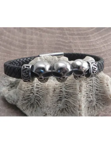 Bracelet Amigaz Cuir Tressé 3 Têtes de Mort 8 Pouces