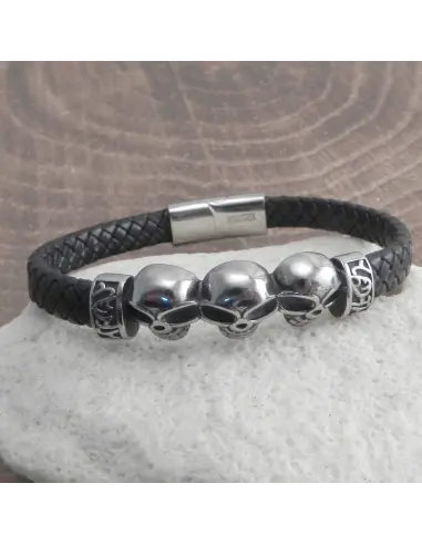 Bracciale Amigaz Pelle Intrecciata 3 Teschi 8 Pollici