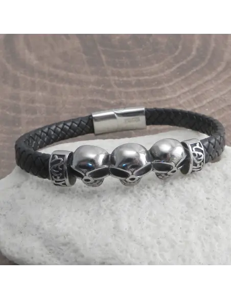 Bracelet Amigaz Cuir Tressé 3 Têtes de Mort 8 Pouces