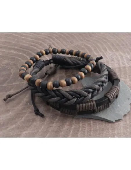 Pack 3 Pulseras Amigaz Marrón de Cuerda y Madera