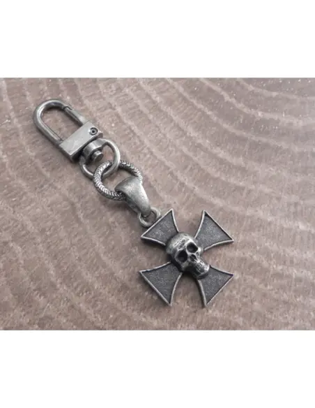 Porte-clés Amigaz Argenté Croix de Malte Tête de Mort
