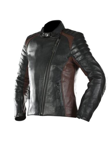JAQUETA DE COURO PRETO E MARROM FEMININO OVERLAP BANHEIRA SENHORA