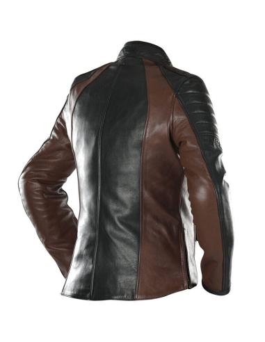 JAQUETA DE COURO PRETO E MARROM FEMININO OVERLAP BANHEIRA SENHORA