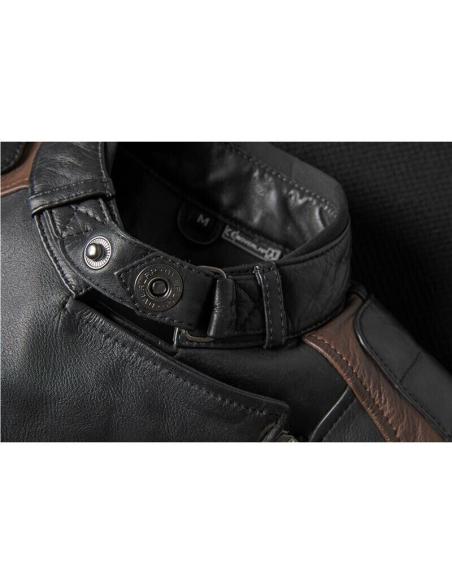 JAQUETA DE COURO PRETO E MARROM FEMININO OVERLAP BANHEIRA SENHORA