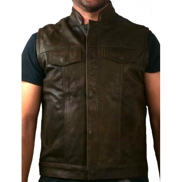 AGED BROWN FUR VEST WITH MAO NECK