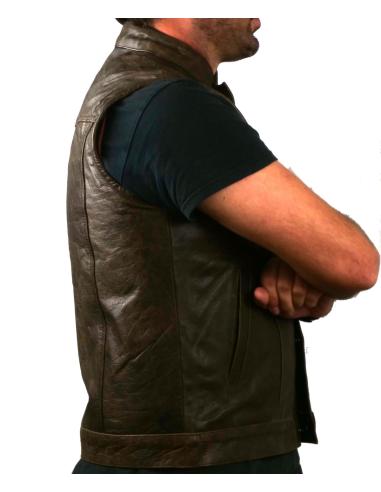Acquista Gilet in Pelle Marrone Invecchiata con Collo alla Coreana a Prezzo Scontato