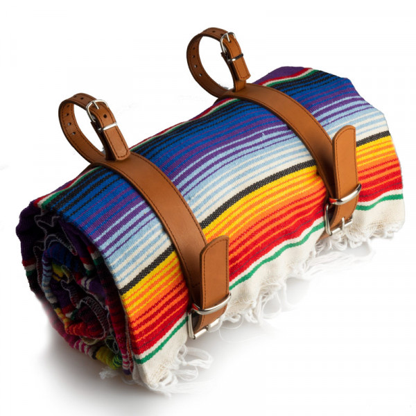 PACK MEXICAN COLORFUL BLANKET AND BROWN LEATHER HOLDER