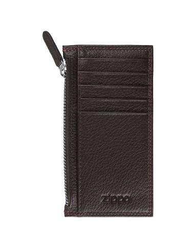 PORTE-CARTES EN CUIR BRUN AVEC FERMETURE ZIPPÉE ZIPPO