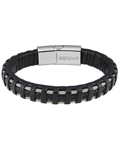 BRACELETE DE COURO TRANÇADO E FIO DE AÇO 22 CM ZIPPO