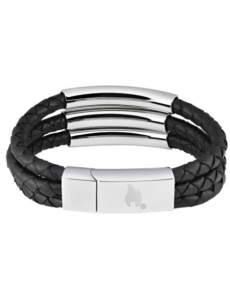 BRACELETE TRIPLA 22 CM EM COURO PRETO E ZIPPO CROMADO