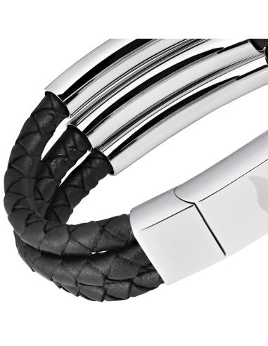 BRACELETE TRIPLA 22 CM EM COURO PRETO E ZIPPO CROMADO