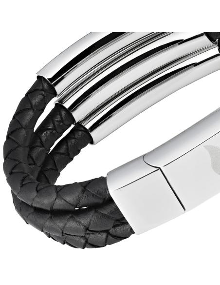 BRACELETE TRIPLA 22 CM EM COURO PRETO E ZIPPO CROMADO
