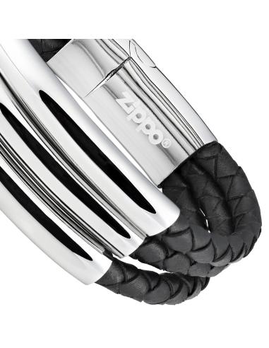 BRACELETE TRIPLA 22 CM EM COURO PRETO E ZIPPO CROMADO