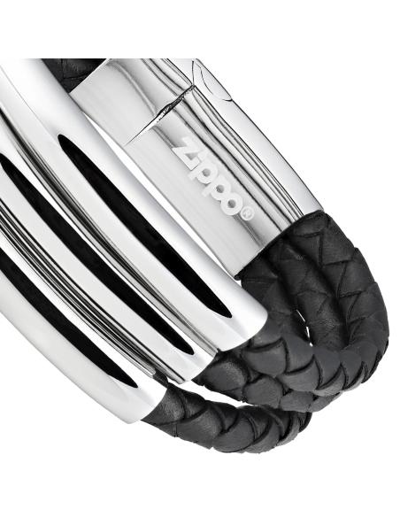 BRACELETE TRIPLA 22 CM EM COURO PRETO E ZIPPO CROMADO