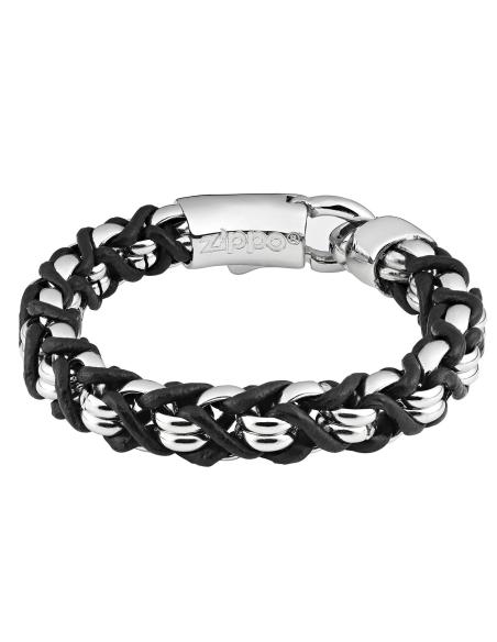 PULSEIRA DE AÇO INOXIDÁVEL E COURO TRANÇADO 20 CM ZIPPO