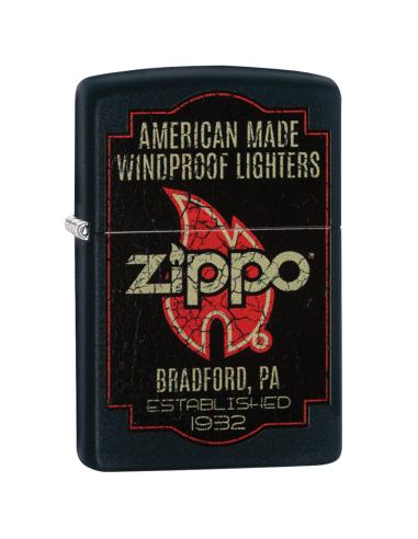 BRIQUET ZIPPO COUPE-VENT NOIR AVEC LOGO ET FLAMME
