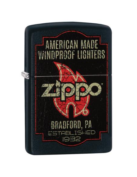 BRIQUET ZIPPO COUPE-VENT NOIR AVEC LOGO ET FLAMME