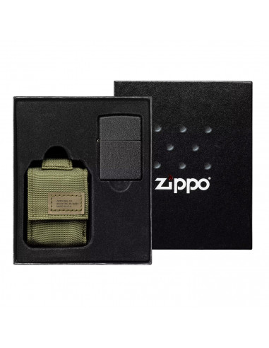 GIFT BOX WITH ZIPPO BLACK CRACKLE LIGHTER AND GREEN POUCH